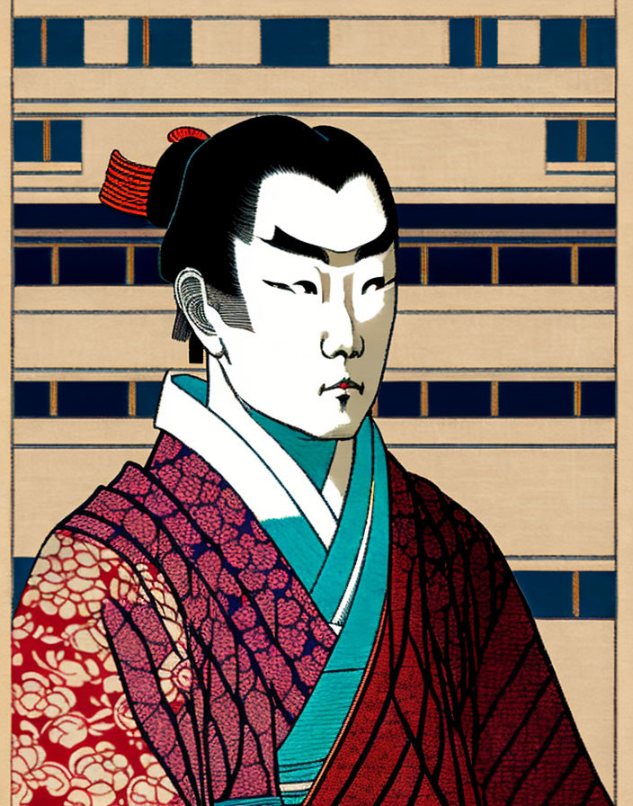 Japanese Woodblock Print: Man in Topknot, Red and Blue Kimono