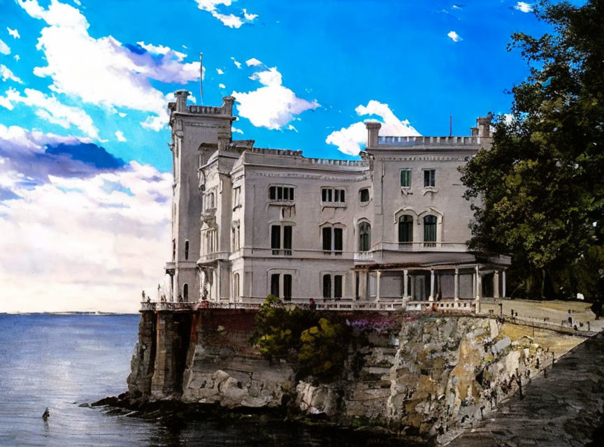 White castle on rocky cliff by calm sea under cloudy sky