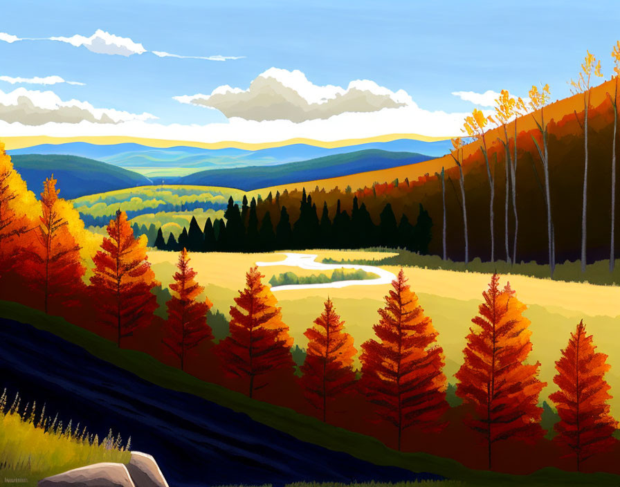 Colorful Fall Landscape with Trees and Hills