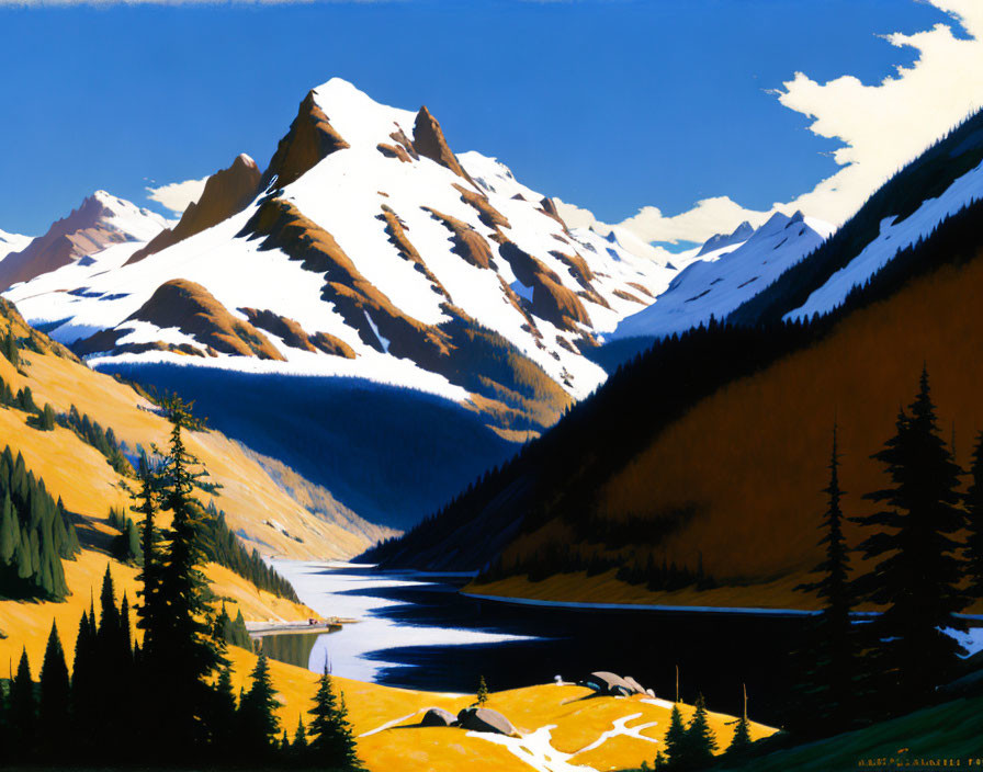 Mountain Landscape Painting with Snow-Capped Peaks & River