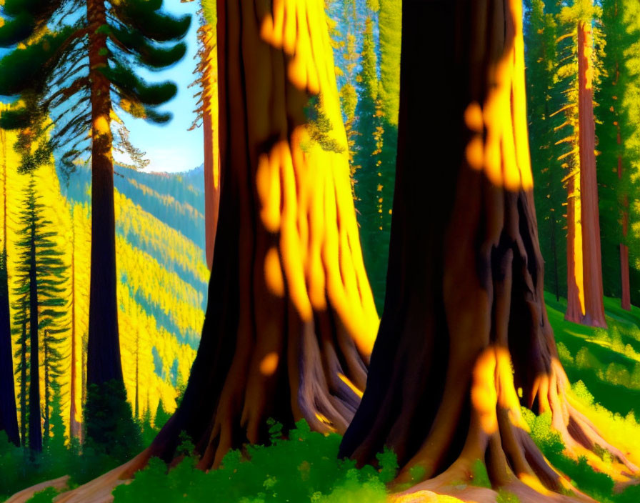 Lush forest illustration with towering trees and warm sunlight