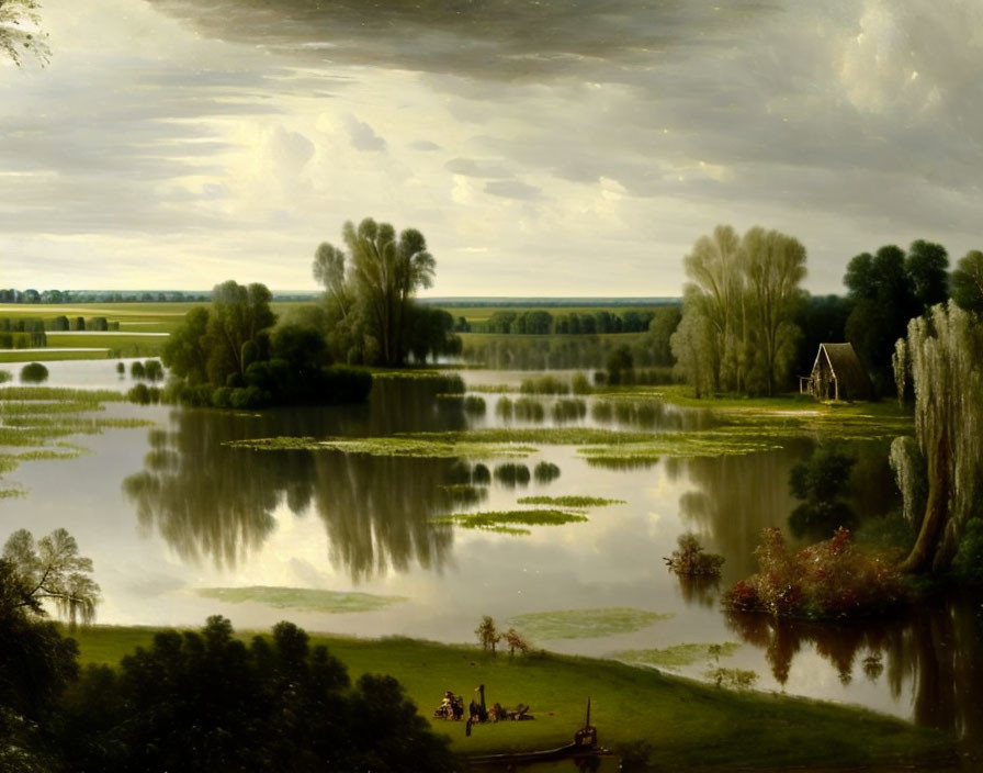 Tranquil landscape with river, trees, figures, and cart