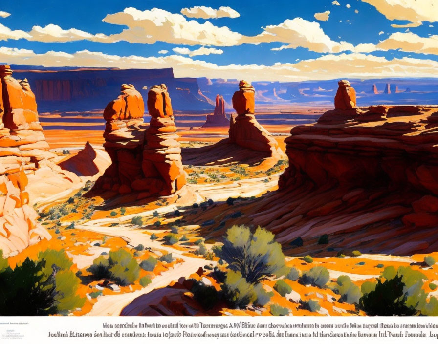 Scenic painting of Monument Valley sandstone buttes under blue sky