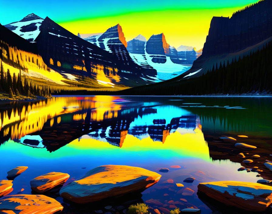 Digitally Enhanced Landscape: Symmetrical Mountain Reflections in Serene Lake