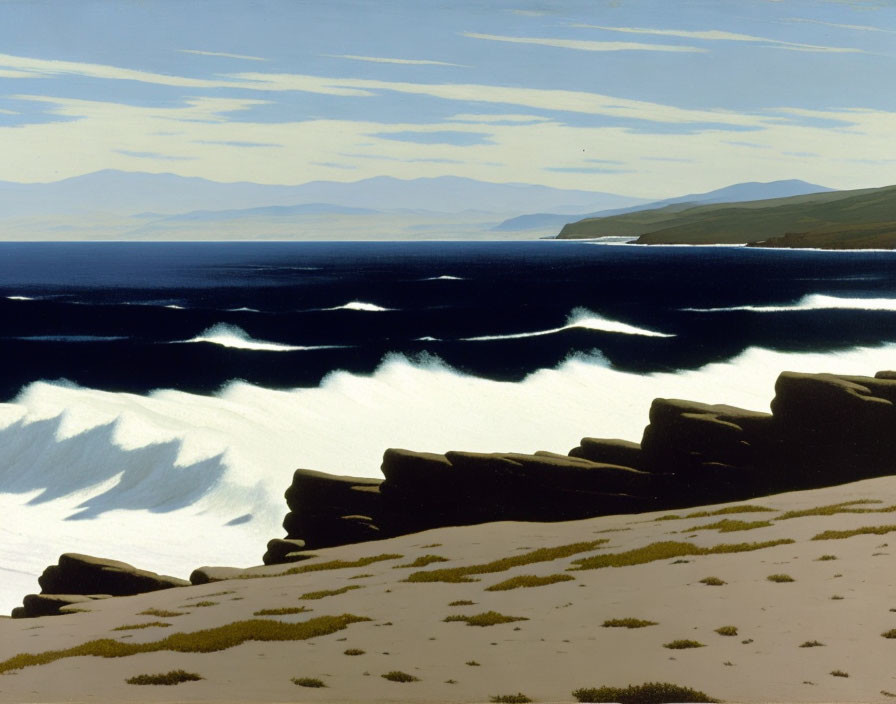 Tranquil coastal scene with waves, rocky shore, and distant mountains