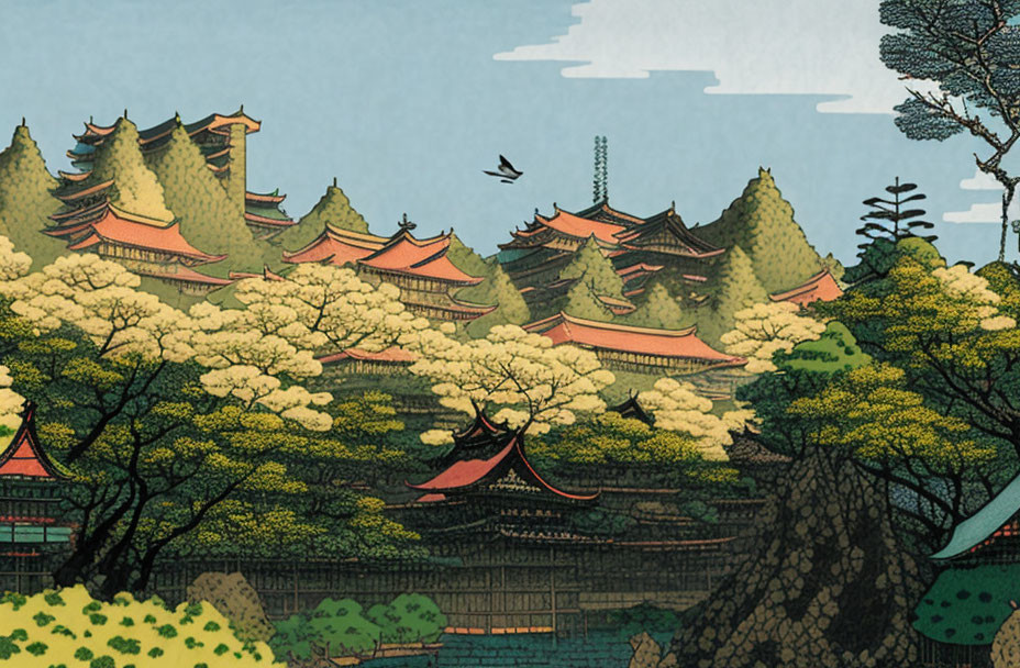 Japanese landscape with pagoda-style buildings, lush trees, and flying birds