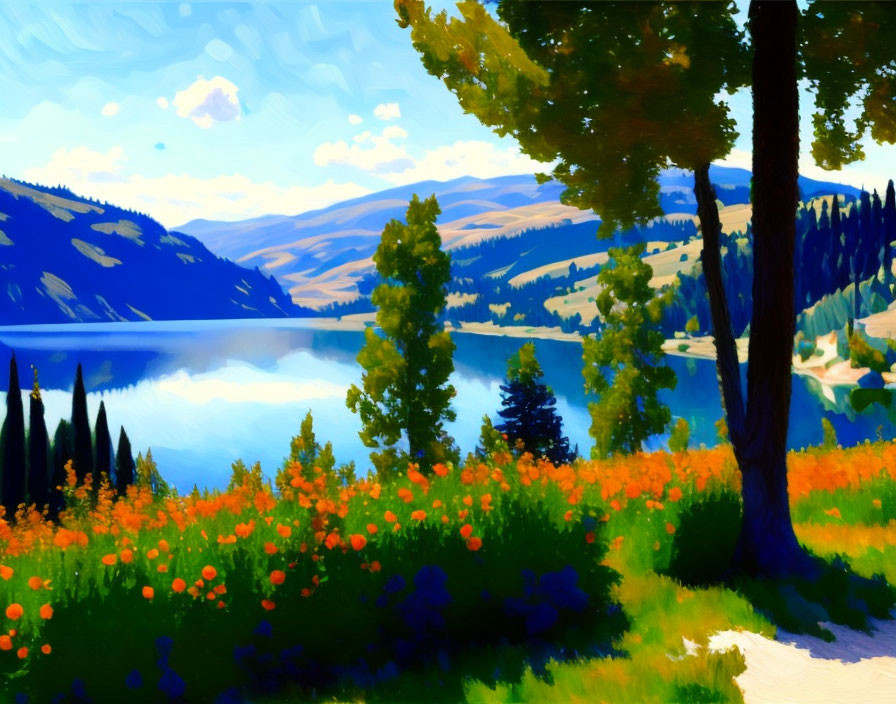 Scenic lakeside view with lush trees and meadow in vibrant digital painting