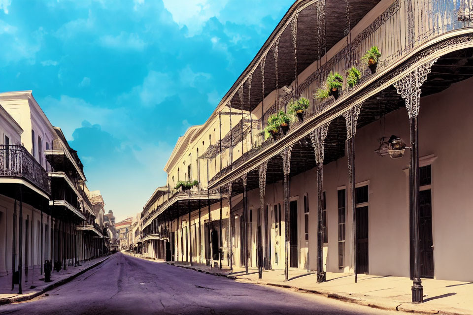 Historic street with ornate iron balconies and planters under clear blue sky