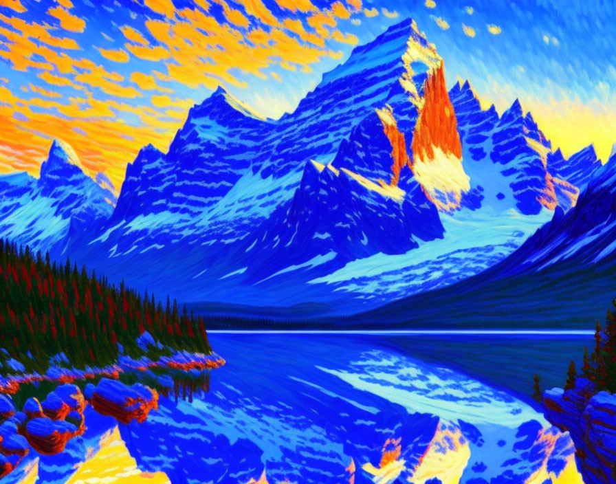 Mountain Range Painting: Sunrise Peak, River, Forest, Dramatic Sky