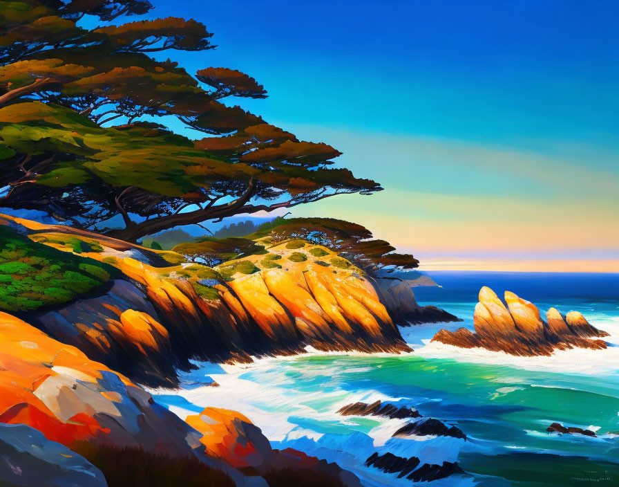 Vibrant coastal landscape: green trees, craggy cliffs, blue waves, serene sky