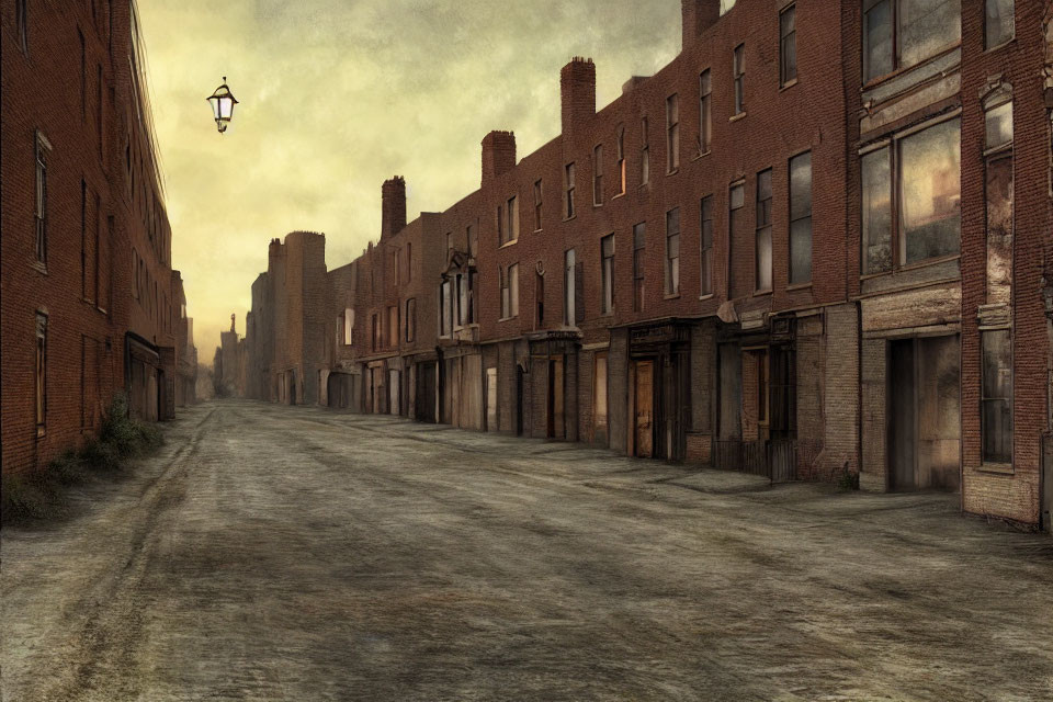 Abandoned urban street scene with derelict brick buildings and a single street lamp