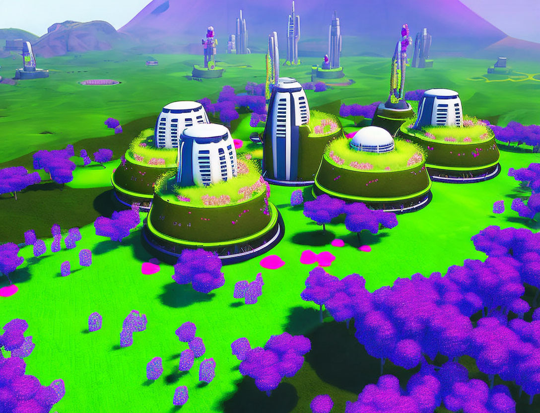 Futuristic cityscape with dome-shaped buildings and tall towers amid lush green fields and purple foliage