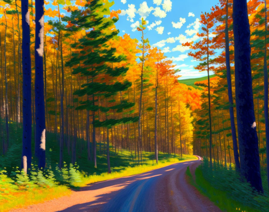 Autumn forest with winding road and colorful sunlit trees