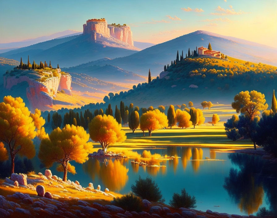 Tranquil landscape: castle on cliff, rolling hills, reflective lake, autumn trees, golden sunset