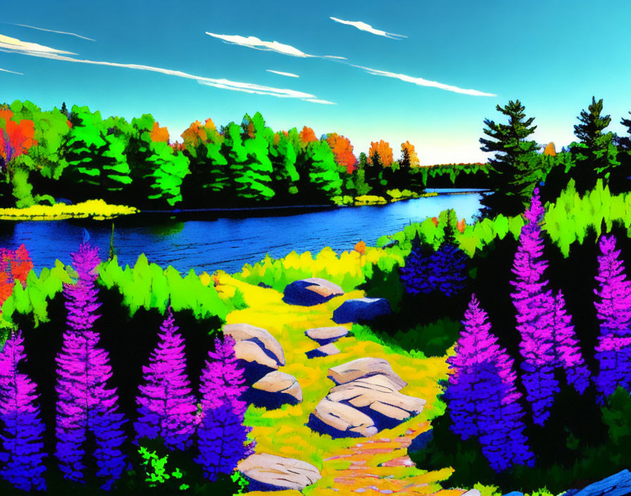 Colorful Stylized Landscape with River and Bright Trees