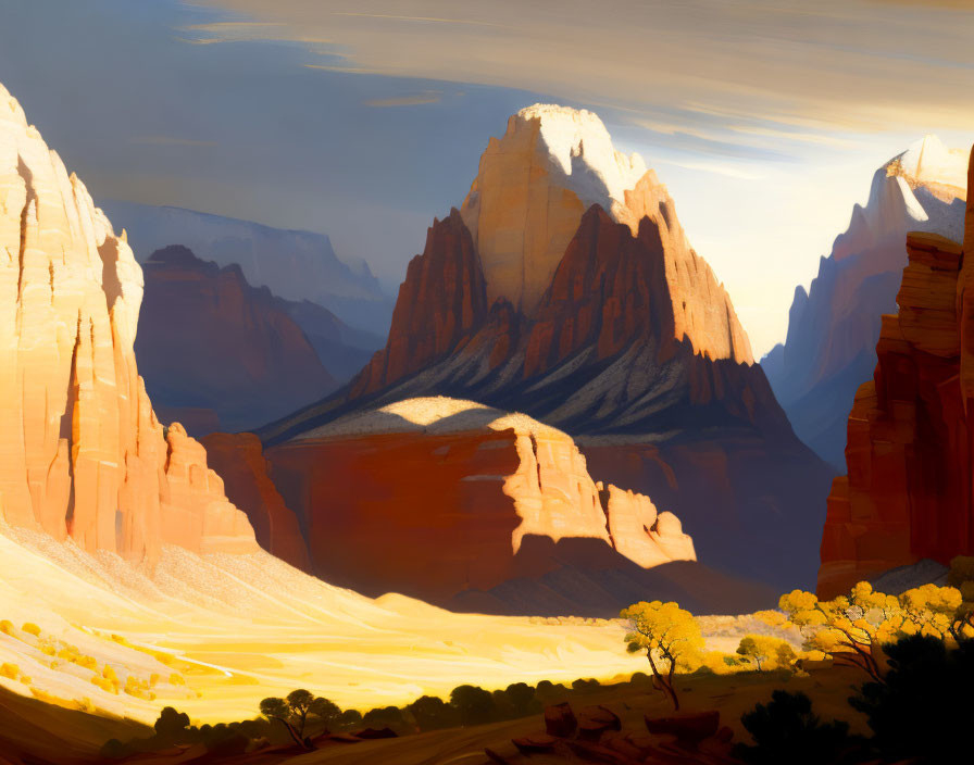 Majestic sunlit red rock formations in desert landscape