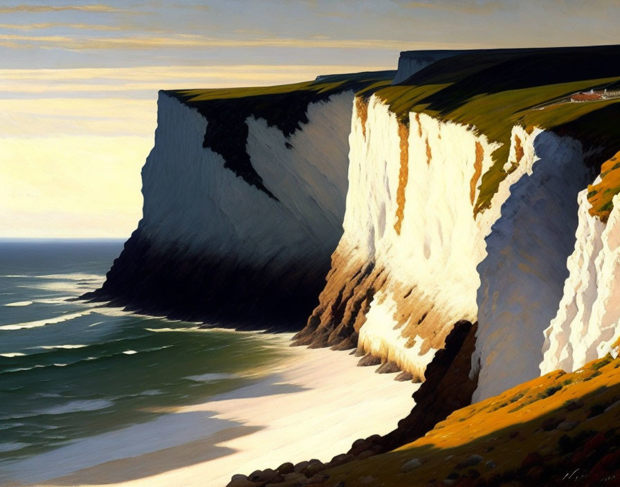 White Cliffs Over Sunlit Beach and Ocean View