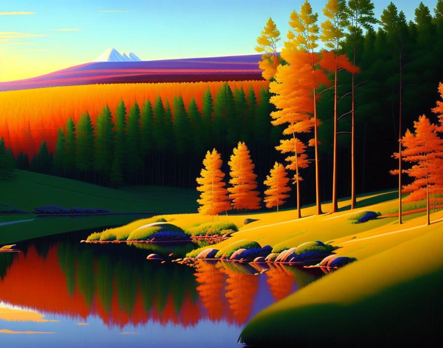 Colorful landscape with lake, trees, mountain, and clear sky