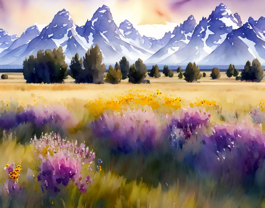 Colorful Watercolor Painting of Flower-Filled Meadow with Trees & Mountains