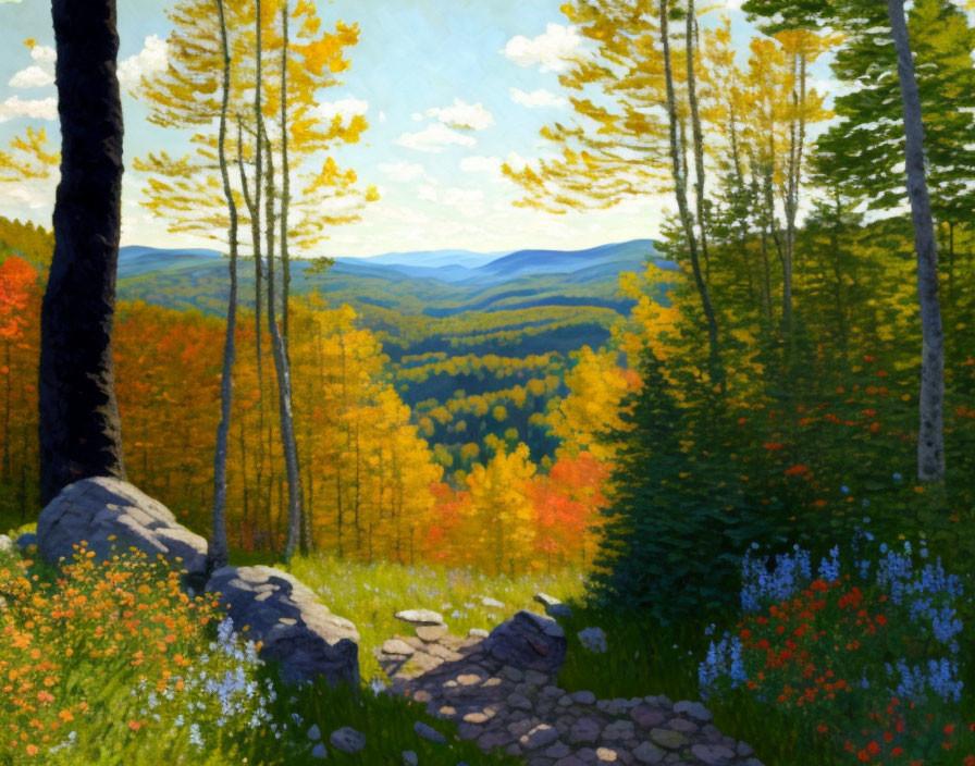 Vibrant autumn forest painting with yellow and orange foliage