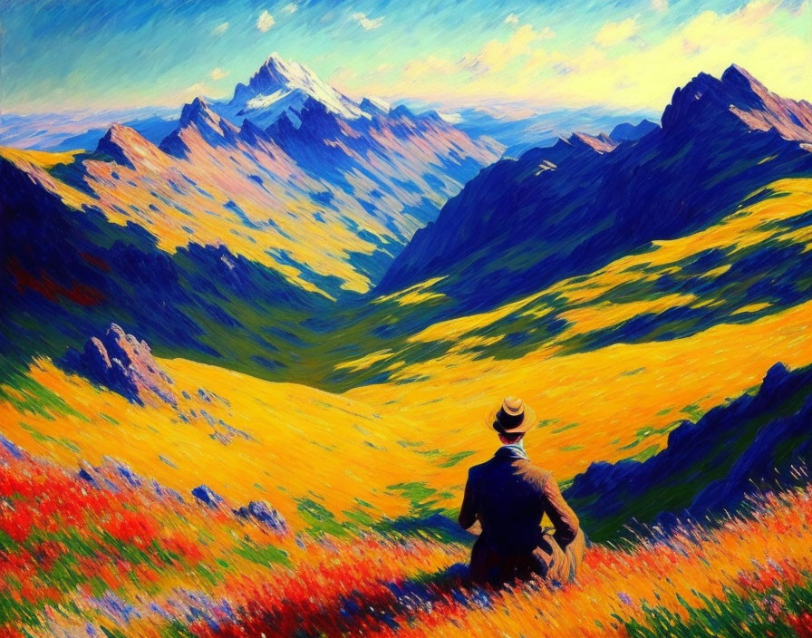 Person in hat admires sunlit mountain landscape with vibrant grasses under blue sky