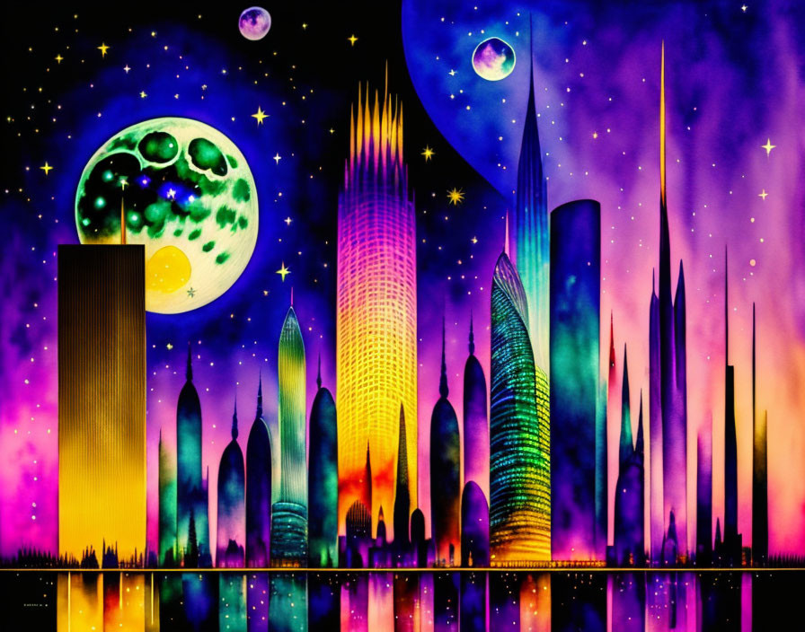 Futuristic cityscape with colorful space backdrop