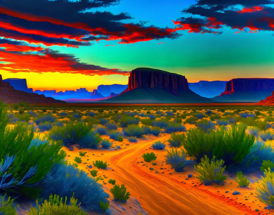 Colorful desert sunset with buttes, dirt road, and lush plants under dramatic sky