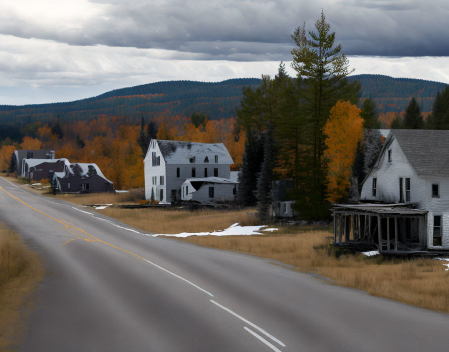 Desolate road with abandoned houses, autumn trees, and gloomy sky