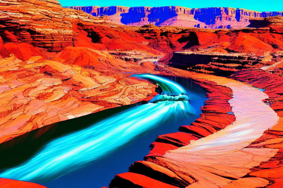 Saturated river winding through red canyon with blue waters