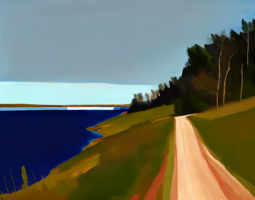 Curving Road Painting Along Water with Trees