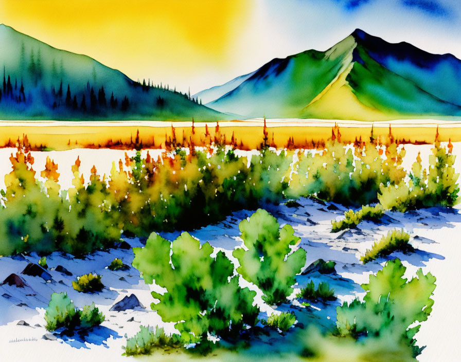 Scenic watercolor landscape: lush greenery, tranquil river, striking mountains.