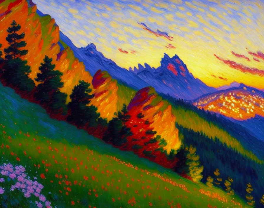 Colorful Mountain Landscape Painting at Sunset with Fiery Skies