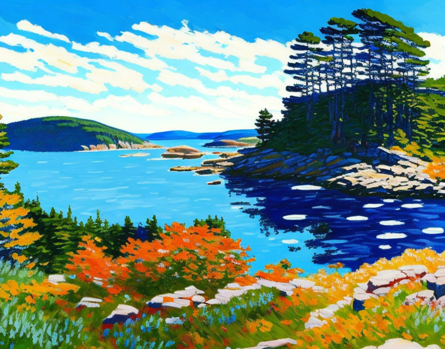 Colorful Coastal Landscape with Evergreen Trees and Calm Blue Sea