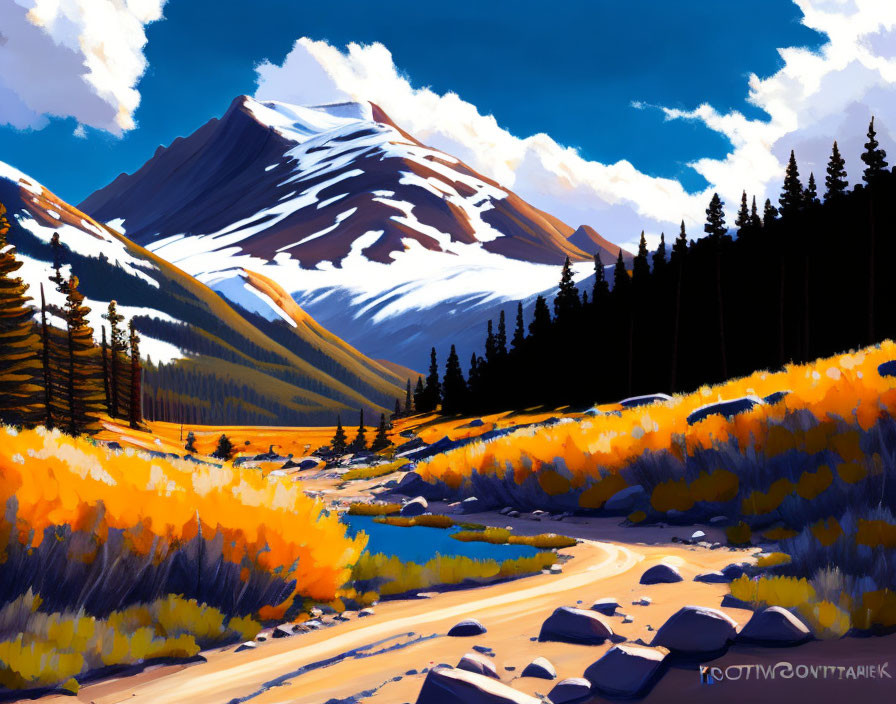 Digital art of snow-capped mountain landscape with river and autumn foliage