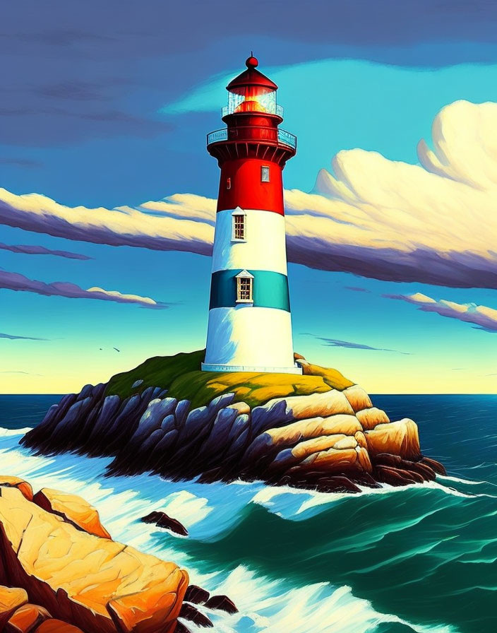 Colorful digital artwork: Red and white-striped lighthouse on rocky islet