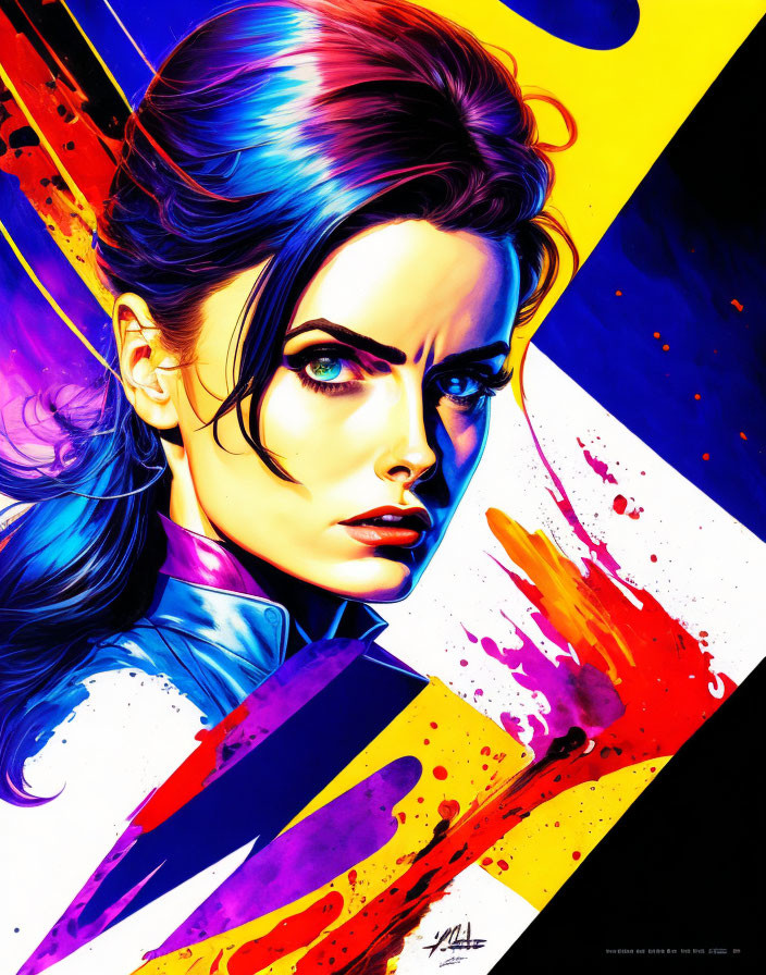 Colorful Comic-Style Artwork: Woman with Blue and Purple Hair