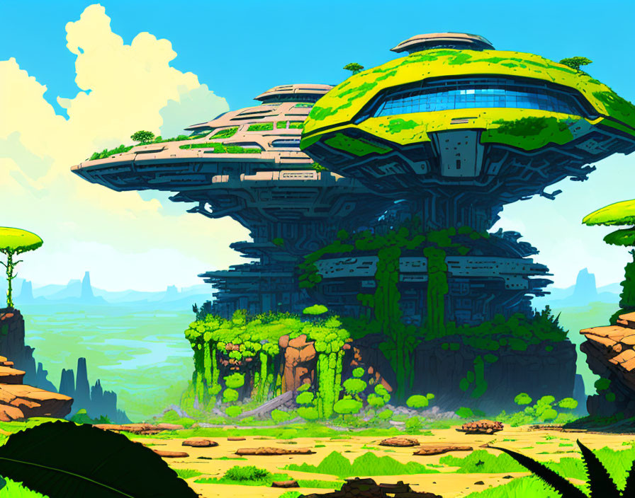 Futuristic spaceship with dome on pedestal in lush landscape