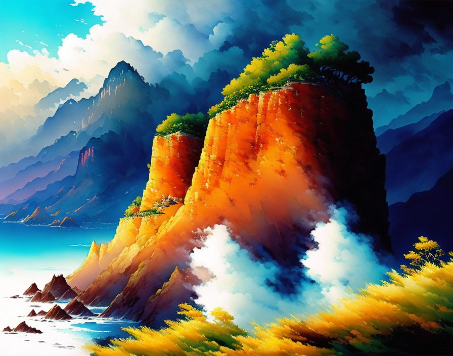 Landscape painting: Towering cliffs, lush greenery, sea with sharp rocks, swirling mists