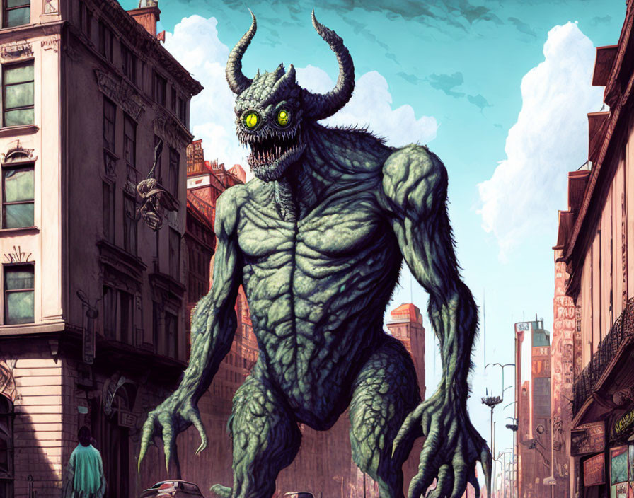 Giant green monster with horns and glowing eyes wreaks havoc in the city