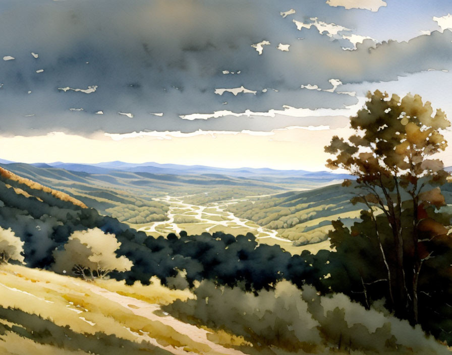 Scenic landscape watercolor painting with river, valleys, trees, and dramatic sky