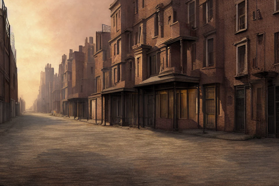 Deserted urban street with old brick buildings at dawn or dusk