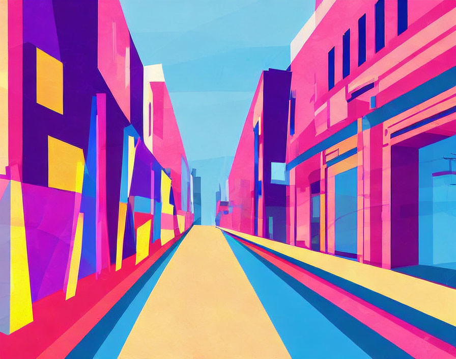 Colorful digital artwork: Stylized street with geometric buildings in pinks, blues, and yell