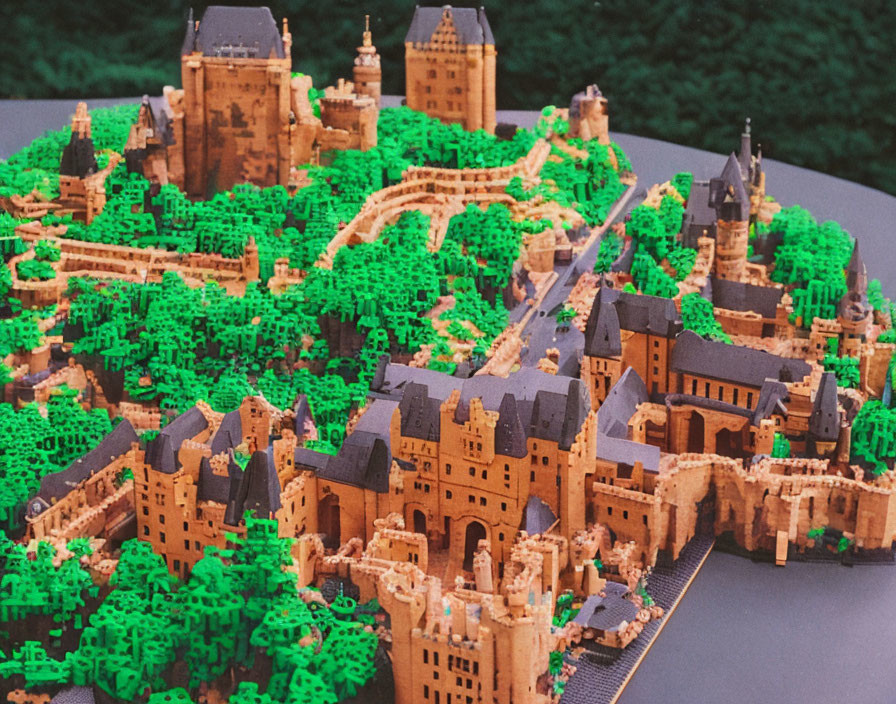 Detailed Miniature Castle and Town Model with Interlocking Plastic Bricks amid Green Foliage