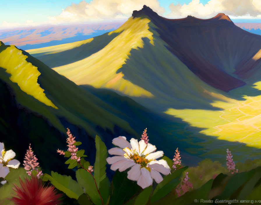 Scenic mountain landscape with wildflowers and valley under blue sky