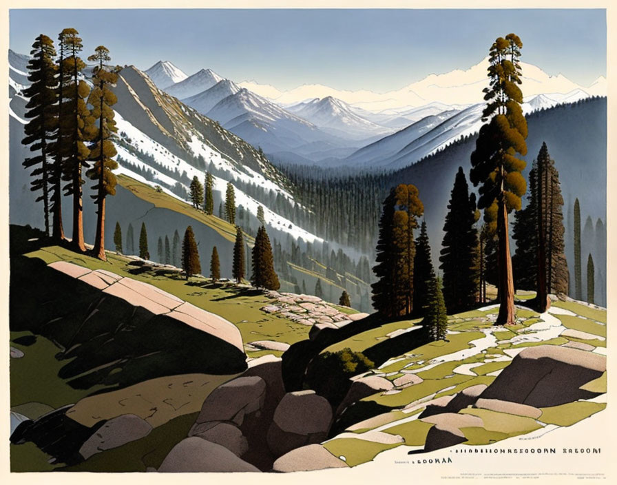 Mountain Valley Illustration: Conifer Trees, River, Snow-Capped Mountains