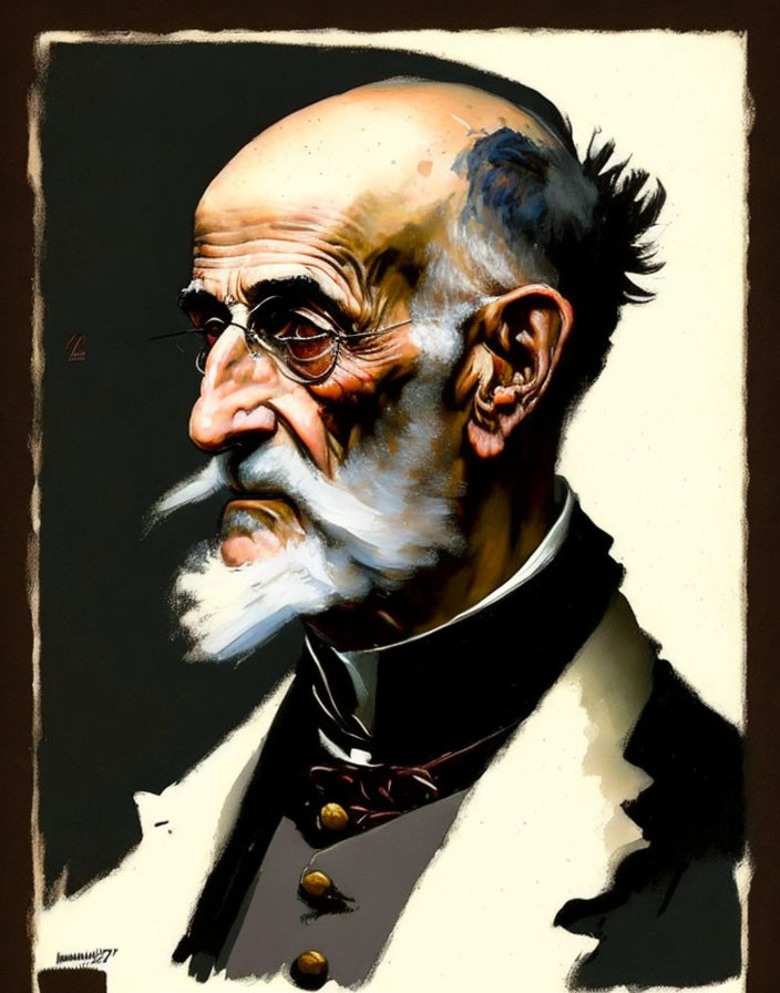 Elderly Man Illustration with Bald Head, Mustache, Glasses & Suit