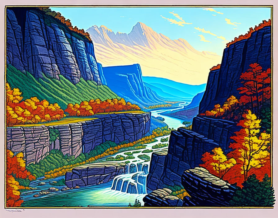 Vibrant stylized artwork of lush valley with waterfall and autumn trees