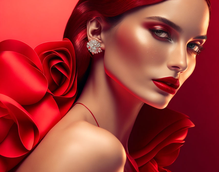 Elegant woman with red makeup and rose accessory on red background