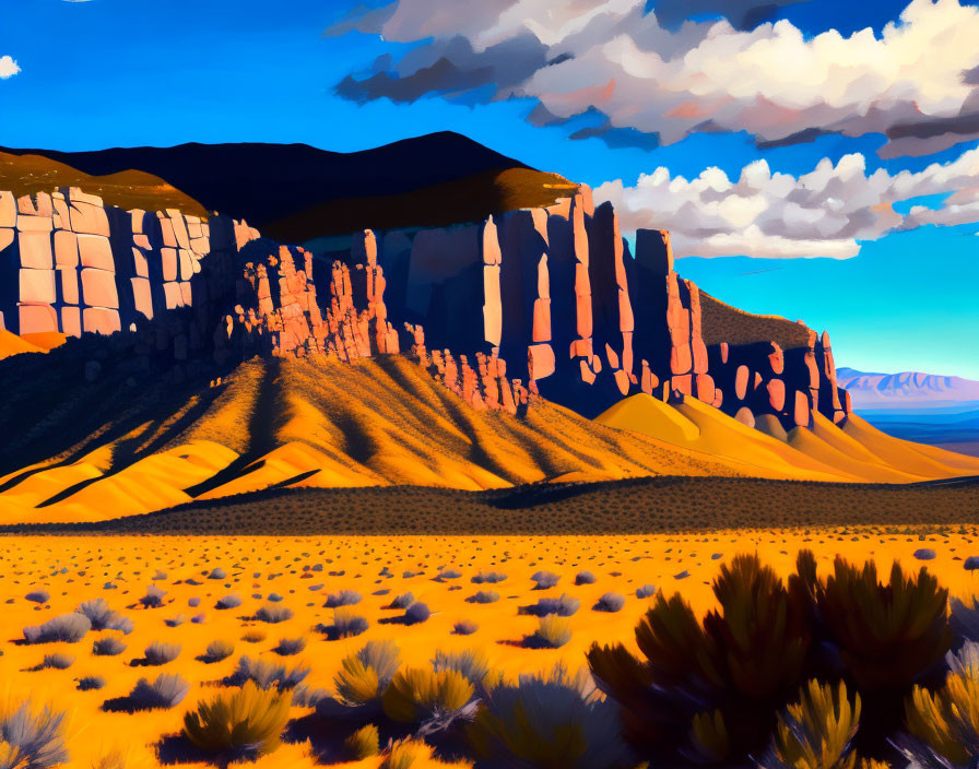 Vibrant desert landscape with towering orange cliffs and dramatic blue sky