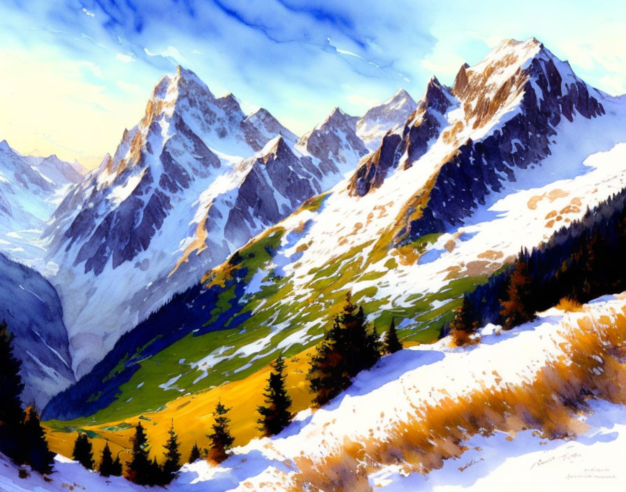 Colorful mountain landscape with snowy peaks and lush green slopes